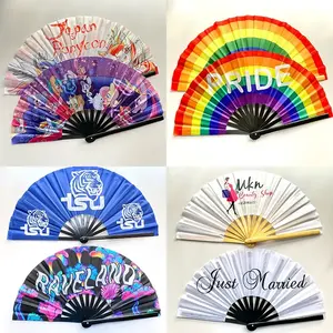 Black Bamboo Ribs Hand Held Folding Fabric Fans 33cm Large Hand Fan With Custom Logo Printed