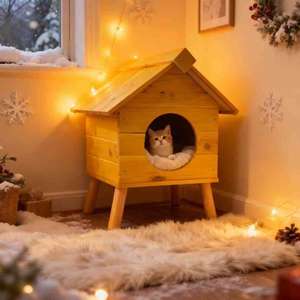 Natuurlijk massief houten ecologisch verantwoorde katten- en hondenhuisje, comfortabel dierenbed voor harige vrienden - Product Image 1