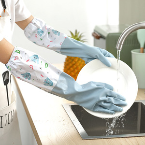 Women's Waterproof Fleece Lined Dishwashing Gloves 52 Cm Thickened Rubber For Kitchen Household Chores - Product Image 1