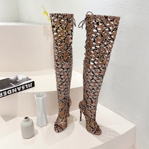 Botas Altas hasta la Rodilla con Punta Abierta y Diseño Serpentine 2024, Botas Sexys con Cordones para Mujer, Zapatos de Tacón Alto y Fino para Fiesta Nocturna, Talla 42 - Product Image 1