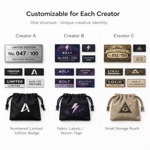 Kit de Mercancía Personalizada de Edición Limitada para Creadores: Insignia Numerada, Artículos de Tela y Bolsa con Cordón para Proyectos de Marca - Product Image 4