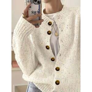 Crew Neck <b>Cardigan</b> Elfenbeinwei Metallic <b>Button</b> Women's Wear - Product Image 1