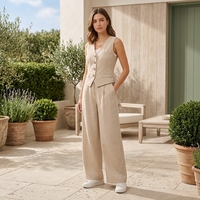 Ensemble tailleur femme en lin beige, gilet col en V et pantalon large, style Old Money, deux pièces