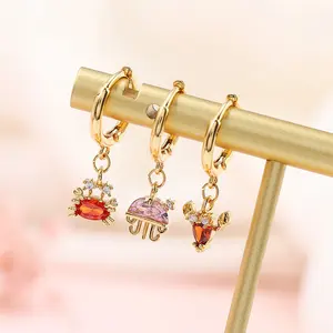 Anting-Anting Kecil Warna-warni Zirkon Berlapis Emas Wanita, Anting-Anting Seri Laut Cangkang Kepiting Mini untuk Wanita