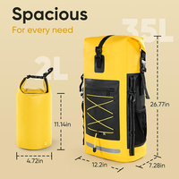Sac à dos étanche 35L, robuste, à fermeture roll-top, pour la randonnée, avec étui étanche pour téléphone IPX8 et dos rembourré.