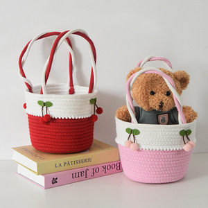 Cherry Handheld <b>Storage</b> Basket Pink Round Woven Basket For Wedding Favor Gift <b>Box</b> <b>Small</b> Size Handmade Craft Basket - Product Image 2