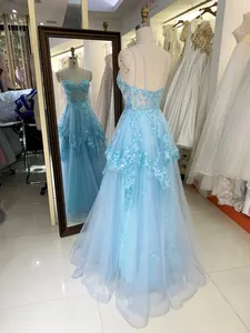 Espartilho de lantejoulas bordado sem mangas azul claro com babado nas costas e renda em tule, vestido de baile para princesa adolescente, 2024