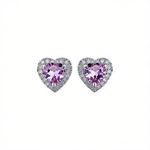 Pendientes de Oro Blanco E393 con Corazón y Cristal de Amatista para Mujer, Estilo Romántico para Uso Diario, Engaste de Garra - Product Image 1