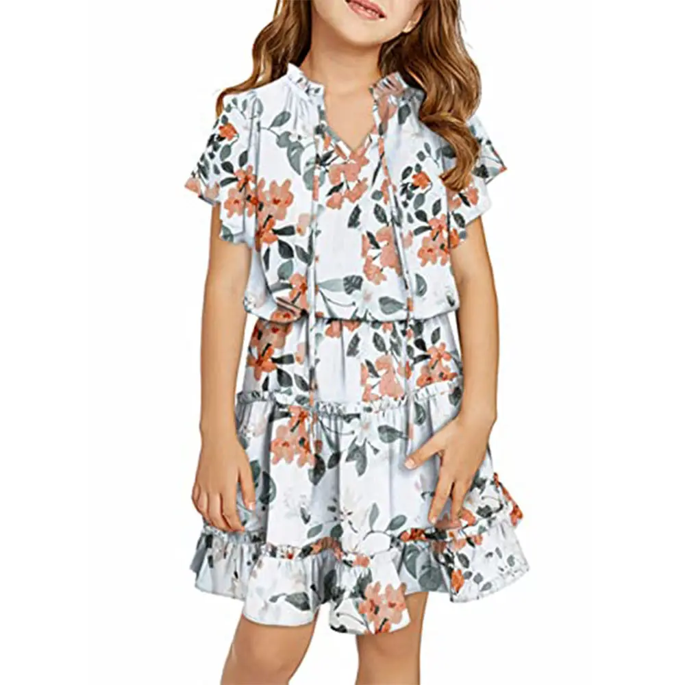 Cô Gái Kid Mùa Hè Rắn Phong Cách Hoa In Boho Ăn Mặc Cổ Điển Tiered Ngắn Ruffle Tay Áo Ăn Mặc 4-14Y Giản Dị Đàn Hồi Dễ Thương Ngọt Ngào