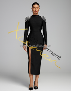 Rayon 2024 güz uzun kollu zarif kokteyl elbise Rhinestone yan yarık Backless seksi siyah bayanlar bandaj elbise - Product Image 5