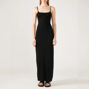 <span class=keywords><strong>Abito</strong></span> <span class=keywords><strong>Midi</strong></span> Nero Personalizzato ODM con Spalline Sottili, Scollo Quadrato e Arricciatura Laterale, Vestito Aderente per Uso Quotidiano - Product Image 2