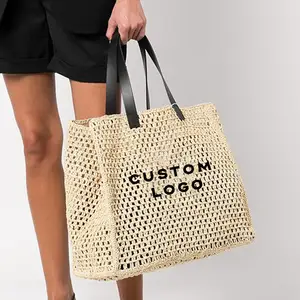 OEM Factory Black Shoulder Seagrass Bags Tote Straw Woven Beach Bag