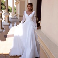 Robes de mariée NDB11155, robe de mariée en forme de A, robes en mousseline de soie, manches longues, col en V, taille personnalisable
