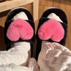 Hoge Kwaliteit Indoor Pluizig Bont Hart Patroon Slippers Open Teen Slippers