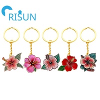 Gantungan Kunci bunga bunga logam kustom gantungan kunci bunga Hibiscus Hawai Glitter merah gantungan kunci kustom Logo Hibiscus