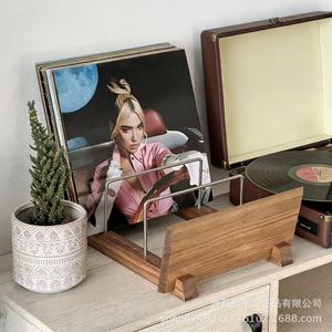 Wooden <b>Desktop</b> Record Rack Magazine Book Organizer Iron Wood Storage <b>Shelf</b> For Vinyl CD Album Display <b>Desktop</b> Organization - Product Image 1