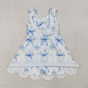 Vestido de verano sin mangas para niñas, transpirable, azul, con lazo, estampado floral, estilo yoga, hasta la rodilla, con dobladillo festoneado - Product Image 6