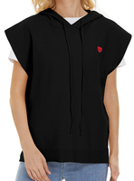 Gilet pull tricoté sans manches pour femme, personnalisé, à capuche, avec broderie cœur rouge, cordon de serrage, fente latérale, coupe ample, décontracté, pour superposition