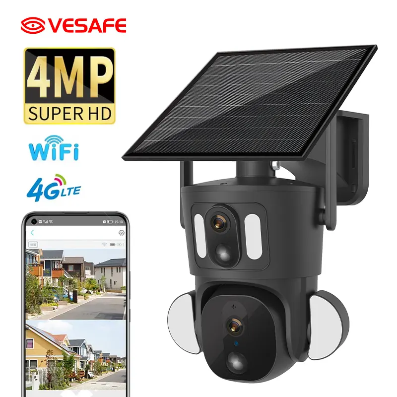 Vesafe กล้องรักษาความปลอดภัยพลังงานแสงอาทิตย์ PIR 2K 4G 4MP หน้าจอเลนส์คู่ไร้สายกลางแจ้ง WiFi แผงโซลาร์ ubox PTZ กล้องวงจรปิดติดตามการเคลื่อนไหว