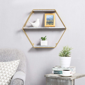 Hexagonal <b>Wall</b> Mounted <b>Shelf</b> 3 Tier Wooden With <b>Gold</b> Frame For Living Room Storage Display - Product Image 1