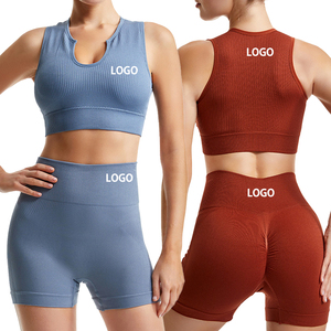 Conjunto de ropa de gimnasio sin costuras para <span class=keywords><strong>mujer</strong></span>, <span class=keywords><strong>mallas</strong></span> para correr de cintura alta, Top corto con estampado activo, Yoga deportivos para sujetadores, pantalones, conjunto de 2 piezas - Product Image 1