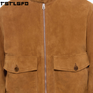 Custom <b>Suede</b> Patch Pocket <b>Jacket</b> Men Cognac Brown Stand Collar Windbreaker Streetwear Outerwear Manufacturers Bulk - Product Image 5