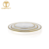 Vente en gros de service de table pour restaurant, assiette à dîner en cristal à bordure dorée et transparente, assiettes de présentation en verre, ensembles de vaisselle pour mariage