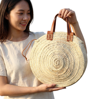 Sac cabas rond bohème en paille pour femme, ouvert, avec anse en cuir, tissé à la main, couleur unie, idéal pour la plage en été