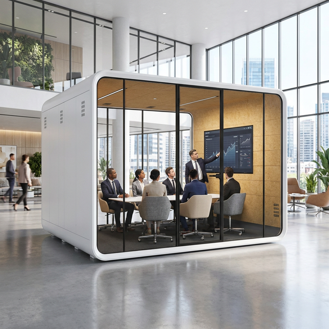 Modern Work Pod Prefabricated Meeting Room Soundproof Enclosure Team Collaboration Hub 6 Person Large Cabin SGS Certified