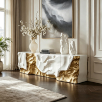 Buffet moderne de luxe en fibre de verre blanc doré, surface texturée 3D, multi-compartiments pour salle à manger et salon de villa