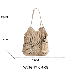 Bohème fait à la main coton Crochet <span class=keywords><strong>sac</strong></span> <span class=keywords><strong>Beige</strong></span> marron gland décoration été plage vacances Shopping épaule Crochet <span class=keywords><strong>sac</strong></span> pour les femmes - Product Image 6