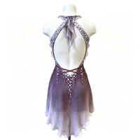 Robe de patinage artistique à dégradé violet, dos ouvert en V profond, strass, en mousseline, costume de performance de patinage, sur mesure OEM