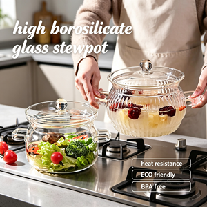 Accessoires de cuisine, articles sans BPA, fait main, transparent, rayures verticales, pot à ragoût en <span class=keywords><strong>verre</strong></span> borosilicate de haute qualité avec <span class=keywords><strong>couvercle</strong></span> et poignées - Product Image 4