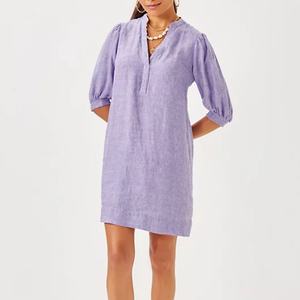 Vestido de Lino de Verano 2025 para Mujer, Color Sólido, Cuello en V, Estilo Holgado para Vacaciones - Product Image 2