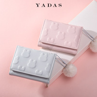 Dompet Lipat Tiga Mini Kelinci Kawaii dengan Gantungan Pom Pom Bulu, Tempat Kartu Kulit PU, Dompet Koin Saku Kecil Lucu untuk Remaja Putri
