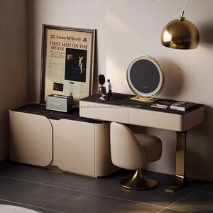 HaoYU-Tocador de maquillaje de tocador de acero inoxidable con espejo LED y taburete, diseño de tocador de dormitorio - Product Image 4