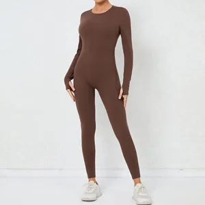 Hot Sale Women Onesie Sexy Hollow Back Long Sleeves Leggings Nude Feeling Quick Drying Breathable Bodysuit Yoga Jumpsuits