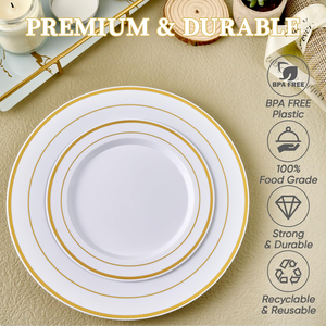150 pièces Assiettes en plastique dorées, Vaisselle jetable pour fêtes avec couverts en plastique, Assiettes de présentation dorées en plastique - Product Image 3