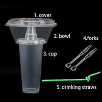 MOQ 50 ensembles – Bols à collation 5-en-1 de 700 ml et gobelets en plastique de 700 ml avec couvercles, pailles et fourchettes pour manger et boire