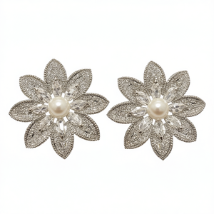 Orecchini a Perno di Lusso con Fiori in Oro Bianco Argento 925 Cristallo Strass Perla Gioielli da Sposa per Donna - Product Image 1