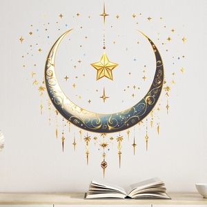 Adesivo Murale Islamico per Ramadan, <span class=keywords><strong>Mezzaluna</strong></span> Blu e Oro <span class=keywords><strong>con</strong></span> Stelle, Decorazione Rimovibile per Casa, Celebrazioni del Ramadan ed Eid - Product Image 1