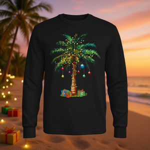 T-shirt à manches longues avec motif de palmier de Noël tropical, avec lumières de Noël et cadeaux - Product Image 3