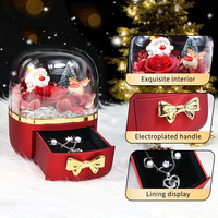 Boîte à bijoux élégante en forme de dôme de Noël avec rose éternelle, tiroir coulissant, figurine Père Noël et renne, doublure en velours, rangement cadeau