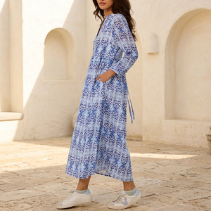 Women's Blue Printed Organic Cotton <b>Maxi</b> <b>Dress</b> | Vintage Outdoor Casual Long Sleeve Boho Natural <b>Pockets</b> | Summer Resort Wear - Product Image 2