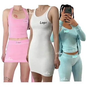 Custom Embroidery Logo Label Women Clothing Loungewear Suit Terry Towel Fabric Tank Top and Boxer Short Two piece Set