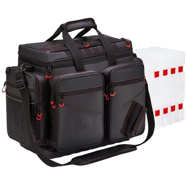 Large Fishing Tackle Bag High Quality Travel Tackle with 4 Trays Large Waterproof Fishing Tray Bags and Shoulder Straps