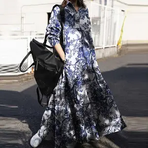 ईप्यू शरद ऋतु महिलाओं के कपड़े मुद्रित कपास और लिनन रेट्रो ढीली लंबी आस्तीन वाली बड़ी पोशाक