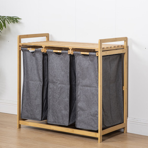 Clothing Organizer Bamboo Frame Gray Three Bin <b>Laundry</b> Sorter For Bathroom Bedroom <b>Standing</b> Type Rectangle Shape - Product Image 2