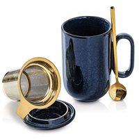 Mug à thé en céramique de porcelaine émaillée bleue avec infuseur, filtre à feuilles de thé, cuillère en métal, couvercle, grande capacité 16 oz