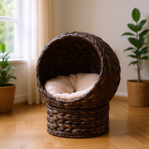 Lit surélevé pour chat en osier brun foncé fait main avec coussin pour chatons, intérieur, toutes saisons, amovible et lavable - Product Image 2